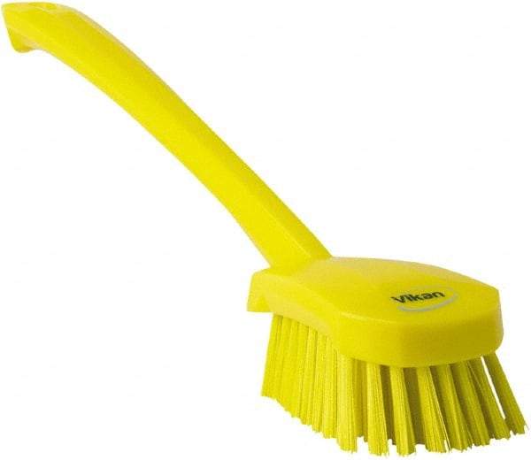 Vikan - 1.3" Bristle Length, Polyester Scrub Brush - 4" Long x 2-3/4" Wide Head, 15-3/4" OAL, Yellow, Polypropylene Block - Top Tool & Supply