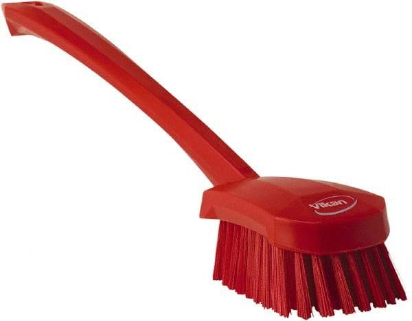 Vikan - 1.3" Bristle Length, Polyester Scrub Brush - 4" Long x 2-3/4" Wide Head, 15-3/4" OAL, Red, Polypropylene Block - Top Tool & Supply