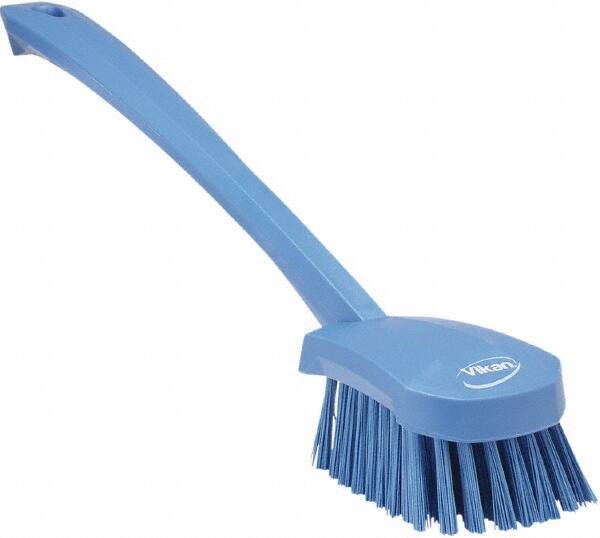 Vikan - 1.3" Bristle Length, Polyester Scrub Brush - 4" Long x 2-3/4" Wide Head, 15-3/4" OAL, Blue, Polypropylene Block - Top Tool & Supply