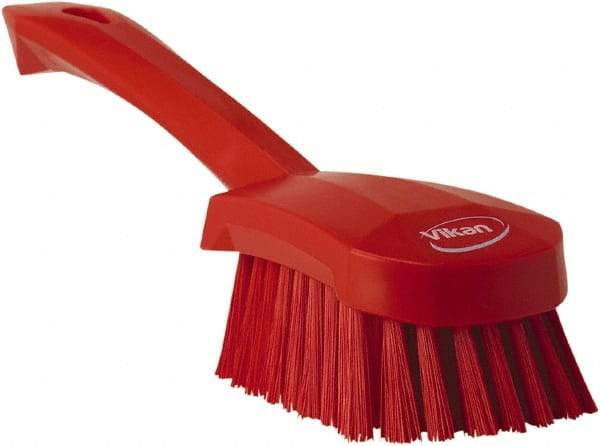 Vikan - 1.3" Bristle Length, Polyester Scrub Brush - 4-1/4" Long x 2-3/4" Wide Head, 10" OAL, Red, Polypropylene Block - Top Tool & Supply