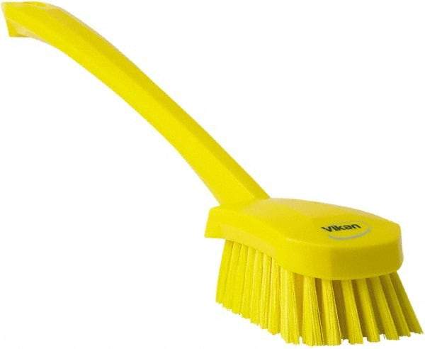 Vikan - 1.3" Bristle Length, Polyester Scrub Brush - 4" Long x 2-3/4" Wide Head, 15-3/4" OAL, Yellow, Polypropylene Block - Top Tool & Supply