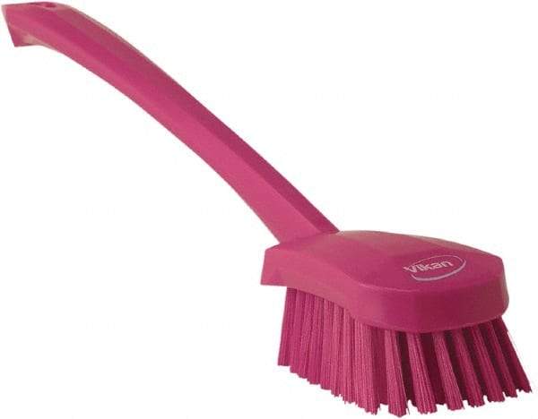 Vikan - 1.3" Bristle Length, Polyester Scrub Brush - 4" Long x 2-3/4" Wide Head, 15-3/4" OAL, Pink, Polypropylene Block - Top Tool & Supply