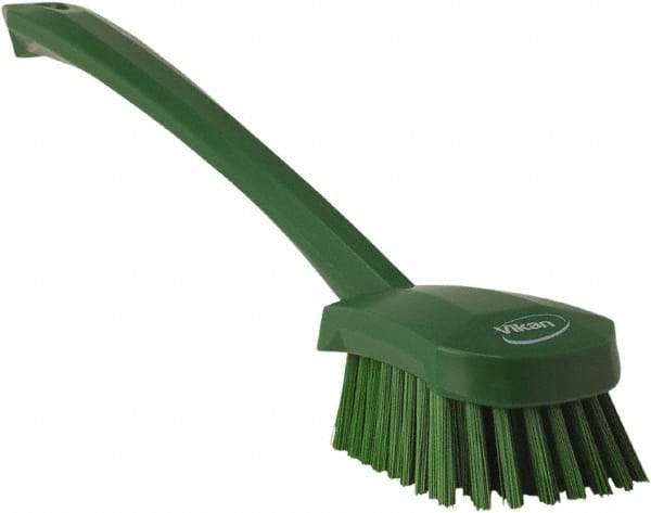 Vikan - 1.3" Bristle Length, Polyester Scrub Brush - 4" Long x 2-3/4" Wide Head, 15-3/4" OAL, Green, Polypropylene Block - Top Tool & Supply