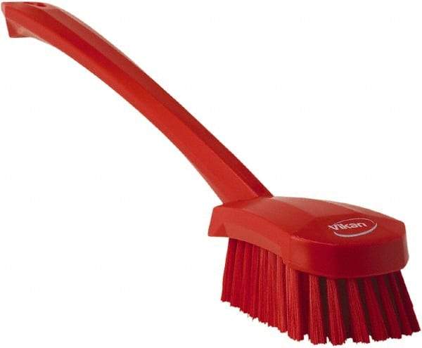 Vikan - 1.3" Bristle Length, Polyester Scrub Brush - 4" Long x 2-3/4" Wide Head, 15-3/4" OAL, Red, Polypropylene Block - Top Tool & Supply