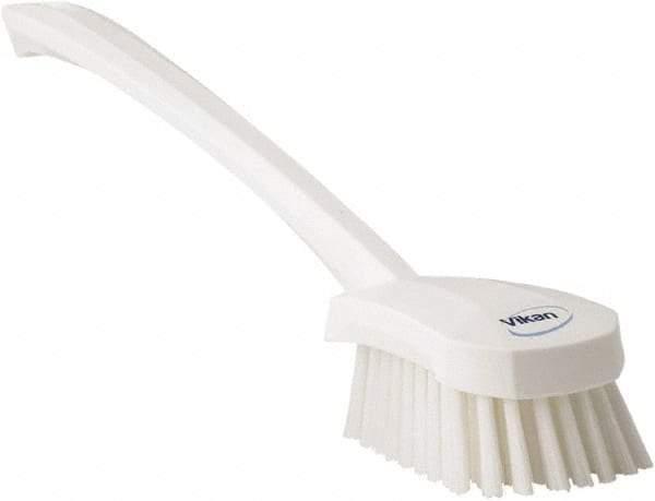 Vikan - 1.3" Bristle Length, Polyester Scrub Brush - 4" Long x 2-3/4" Wide Head, 15-3/4" OAL, White, Polypropylene Block - Top Tool & Supply