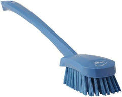 Vikan - 1.3" Bristle Length, Polyester Scrub Brush - 4" Long x 2-3/4" Wide Head, 15-3/4" OAL, Blue, Polypropylene Block - Top Tool & Supply