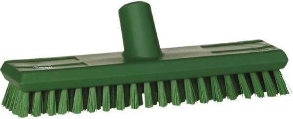 Vikan - 1" Bristle Length, Polyester Scrub Brush - 10-5/8" Long x 2-1/2" Wide Head, 11" OAL, European Threaded Handle, Green, Polypropylene Block - Top Tool & Supply