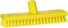 Vikan - 1" Bristle Length, Polyester Scrub Brush - 10-5/8" Long x 2-1/2" Wide Head, 11" OAL, European Threaded Handle, Yellow, Polypropylene Block - Top Tool & Supply