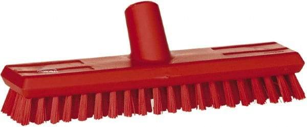 Vikan - 1" Bristle Length, Polyester Scrub Brush - 10-5/8" Long x 2-1/2" Wide Head, 11" OAL, European Threaded Handle, Red, Polypropylene Block - Top Tool & Supply