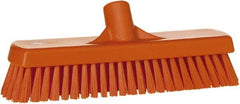 Vikan - 1.7" Bristle Length, Polyester Scrub Brush - 11-1/4" Long x 3" Wide Head, 12" OAL, European Threaded Handle, Orange, Polypropylene Block - Top Tool & Supply