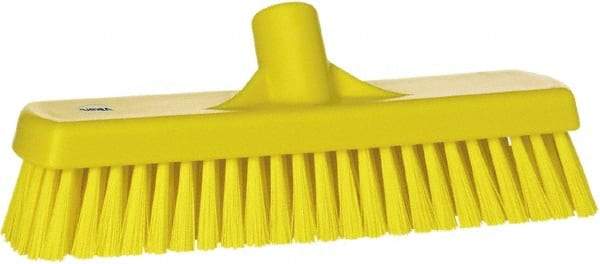 Vikan - 1.7" Bristle Length, Polyester Scrub Brush - 11-1/4" Long x 3" Wide Head, 12" OAL, European Threaded Handle, Yellow, Polypropylene Block - Top Tool & Supply