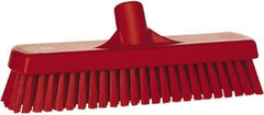 Vikan - 1.7" Bristle Length, Polyester Scrub Brush - 11-1/4" Long x 3" Wide Head, 12" OAL, European Threaded Handle, Red, Polypropylene Block - Top Tool & Supply