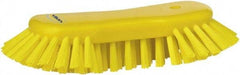 Vikan - 1.3" Bristle Length, Polyester Utility Scrub Brush - 7-3/4" Long x 3" Wide Head, 8" OAL, European Threaded Handle, Yellow, Polypropylene Block - Top Tool & Supply