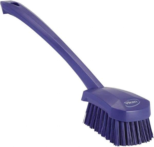 Vikan - 1.3" Bristle Length, Polyester Scrub Brush - 4" Long x 2-3/4" Wide Head, 15-3/4" OAL, Purple, Polypropylene Block - Top Tool & Supply