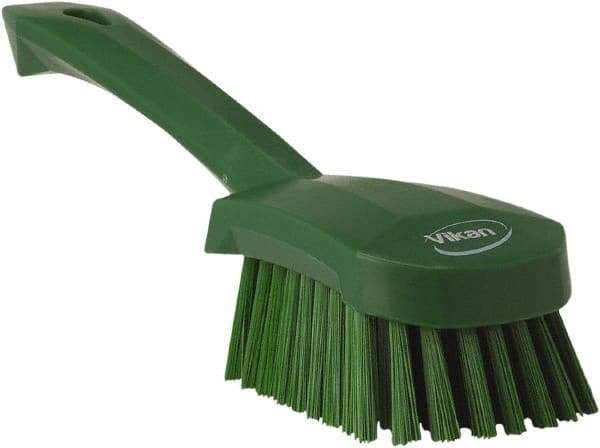 Vikan - 1.3" Bristle Length, Polyester Scrub Brush - 4-1/4" Long x 2-3/4" Wide Head, 10" OAL, Green, Polypropylene Block - Top Tool & Supply