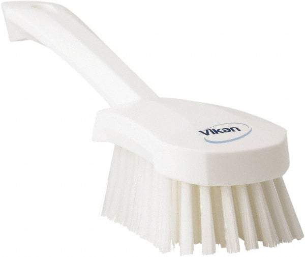 Vikan - 1.3" Bristle Length, Polyester Scrub Brush - 4-1/4" Long x 2-3/4" Wide Head, 10" OAL, White, Polypropylene Block - Top Tool & Supply