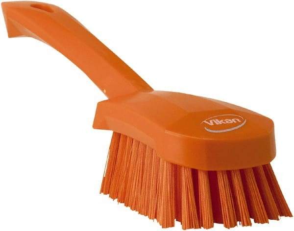 Vikan - 1.3" Bristle Length, Polyester Scrub Brush - 4-1/4" Long x 2-3/4" Wide Head, 10" OAL, Orange, Polypropylene Block - Top Tool & Supply