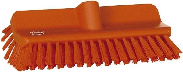 Vikan - 1-1/2" Bristle Length, Polyester Cleaning & Finishing Brush - 9-5/8" Long x 5" Wide Head, 10" OAL, European Threaded Handle, Orange, Polypropylene Block - Top Tool & Supply