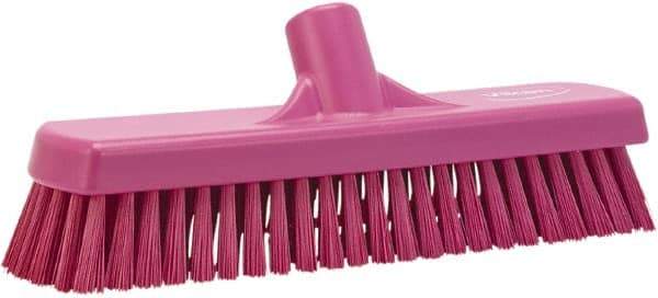 Vikan - 1.7" Bristle Length, Polyester Scrub Brush - 11-1/4" Long x 3" Wide Head, 12" OAL, European Threaded Handle, Pink, Polypropylene Block - Top Tool & Supply