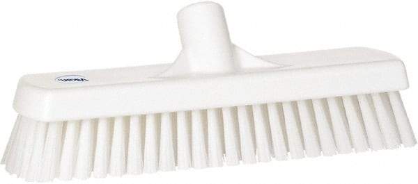 Vikan - 1.7" Bristle Length, Polyester Scrub Brush - 11-1/4" Long x 3" Wide Head, 12" OAL, European Threaded Handle, White, Polypropylene Block - Top Tool & Supply