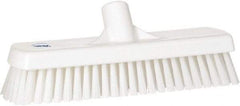 Vikan - 1.7" Bristle Length, Polyester Scrub Brush - 11-1/4" Long x 3" Wide Head, 12" OAL, European Threaded Handle, White, Polypropylene Block - Top Tool & Supply