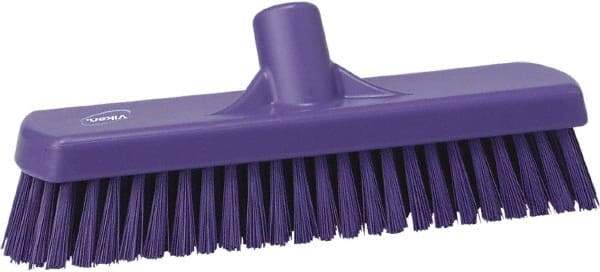 Vikan - 1.7" Bristle Length, Polyester Scrub Brush - 11-1/4" Long x 3" Wide Head, 12" OAL, European Threaded Handle, Purple, Polypropylene Block - Top Tool & Supply