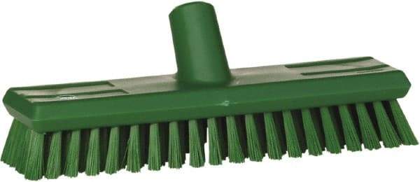 Vikan - 1.3" Bristle Length, Polyester Scrub Brush - 10-3/4" Long x 2-1/2" Wide Head, 11" OAL, European Threaded Handle, Green, Polypropylene Block - Top Tool & Supply