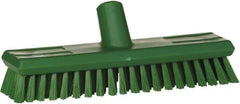 Vikan - 1.3" Bristle Length, Polyester Scrub Brush - 10-3/4" Long x 2-1/2" Wide Head, 11" OAL, European Threaded Handle, Green, Polypropylene Block - Top Tool & Supply