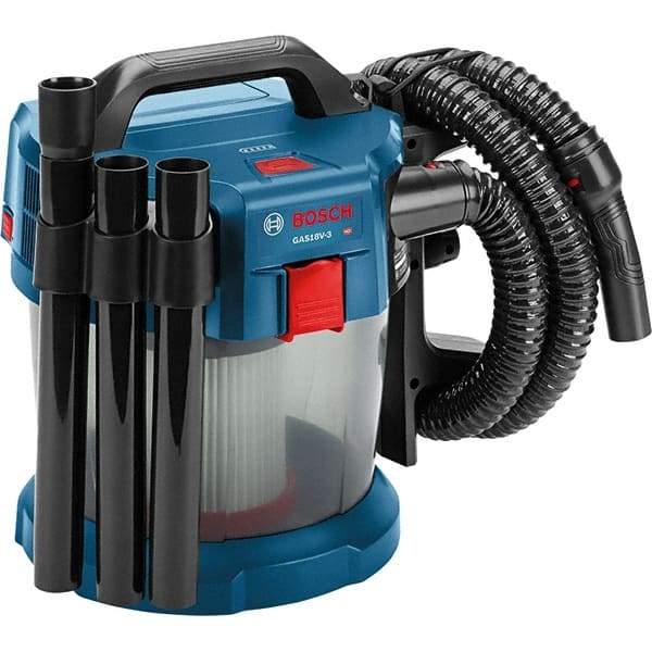 Bosch - 2.6 Gal Plastic Tank, Battery Powered Wet/Dry Vacuum - 18 Volt, 6.3 Amps, 5-1/4' Hose Fitting, Cordless - Top Tool & Supply