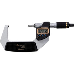 Mitutoyo - 2 to 3" Range, 0.00005" Resolution, Quantumike Throat IP65 Electronic Outside Micrometer - 0.0001" Accuracy, Ratchet Stop Thimble, Carbide-Tipped Face, SR44 Battery - Top Tool & Supply