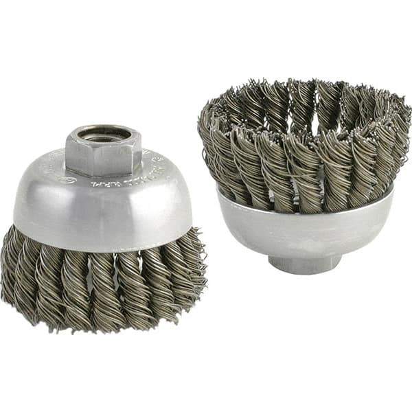 Brush Research Mfg. - 2-3/4" Diam, 5/8-11 Threaded Arbor, Carbon Steel Fill Cup Brush - 0.02 Wire Diam, 1" Trim Length, 6,600 Max RPM - Top Tool & Supply