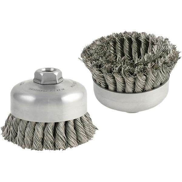 Brush Research Mfg. - 5" Diam, 5/8-11 Threaded Arbor, Carbon Steel Fill Cup Brush - 0.014 Wire Diam, 1-1/4" Trim Length, 9,000 Max RPM - Top Tool & Supply