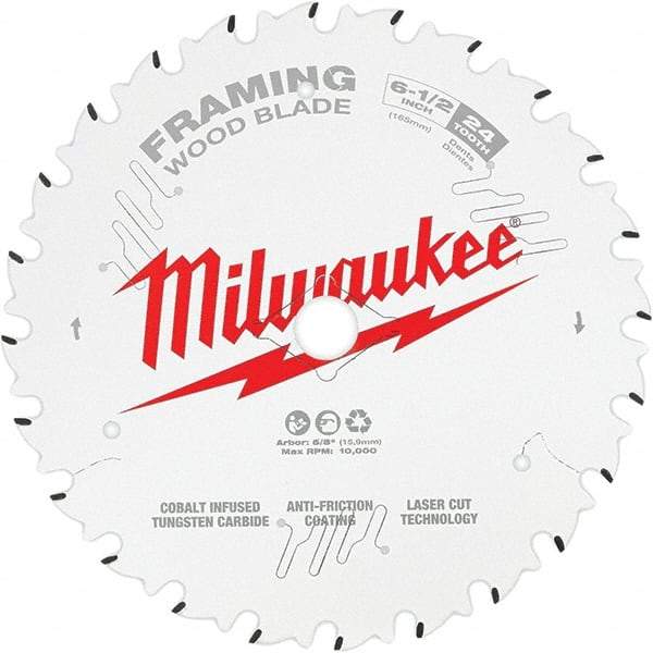 Milwaukee Tool - 6-1/2" Diam, 5/8" Arbor Hole Diam, 24 Tooth Wet & Dry Cut Saw Blade - Tungsten Carbide-Tipped, Framing Action, Standard Round Arbor - Top Tool & Supply