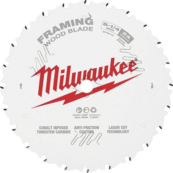 Milwaukee Tool - 8-1/4" Diam, 5/8" Arbor Hole Diam, 24 Tooth Wet & Dry Cut Saw Blade - Tungsten Carbide-Tipped, Framing Action, Standard Round Arbor - Top Tool & Supply