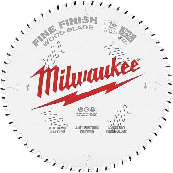 Milwaukee Tool - 10" Diam, 5/8" Arbor Hole Diam, 60 Tooth Wet & Dry Cut Saw Blade - Tungsten Carbide-Tipped, Fine Finish Action, Standard Round Arbor - Top Tool & Supply