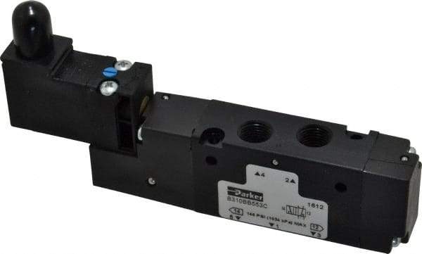 Parker - 1/8", 4-Way Body Ported Stacking Solenoid Valve - 120 VAC, 0.75 CV Rate, Air Return, 2.14" High x 4.67" Long - Top Tool & Supply