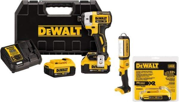 DeWALT - 20 Volt, 1/4" Drive, 20, 125, 152 Ft/Lb Torque, Cordless Impact Driver - 1000, 2800, 3250 RPM, 3 Lithium-Ion Batteries Included - Top Tool & Supply