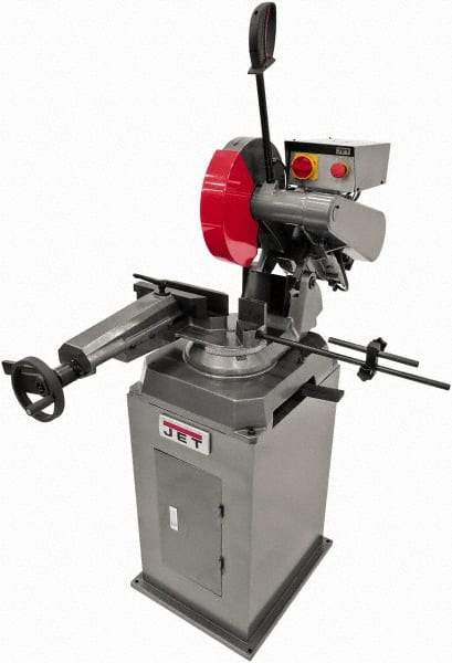 Jet - 11-1/2" Blade Diam, Straight/Miter Chop & Cut-Off Saw - 3 Phase, 3,450 RPM, 5 hp, 230/460 Volts, 4" Capacity in Pipe at 90°, 3-1/2" Capacity in Solids at 45° - Top Tool & Supply