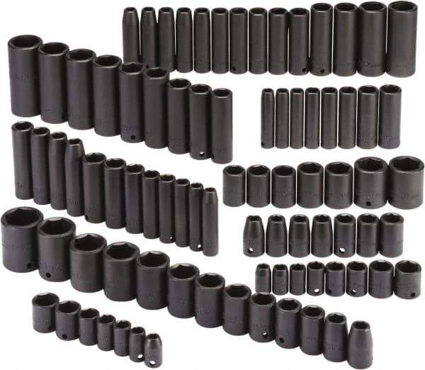 Proto - 86 Piece 3/8" & 1/2" Drive Black Finish Deep Well Impact Socket Set - 6 Points, 5/16" to 1-1/4" (9mm to 27mm) Range, Inch/Metric Measurement Standard - Top Tool & Supply