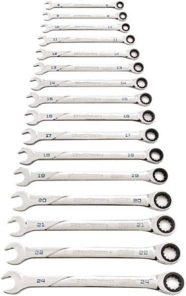 GearWrench - 16 Piece, 8mm to 24mm, Ratcheting Combination Wrench Set - Metric Measurement Standard, Chrome Finish - Top Tool & Supply