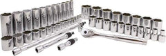 Proto - 50 Piece 3/8" & 1/2" Drive Chrome Finish Deep Well Socket Set - 6, 12 Points, 5/16" to 1-1/2" Range, Inch Measurement Standard - Top Tool & Supply