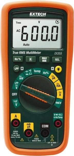 Extech - EX355, CAT III, 600 VAC/VDC, Digital True RMS Multimeter - 60 mOhm, Measures Voltage, Capacitance, Current, Frequency, Resistance, Temperature - Top Tool & Supply