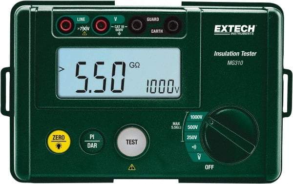 Extech - Digital LCD Display, 0.002 Megohm Electrical Insulation Resistance Tester & Megohmmeter - 1,000 Volt Max Test Voltage, Powered by AA Battery - Top Tool & Supply