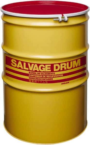 Made in USA - 110 Gallon Yellow with Red Cover Cylindrical Carbon Steel Open Head Drum - 41" High x 30" Diam - Top Tool & Supply