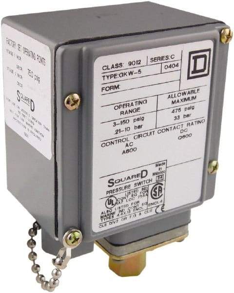 Square D - 4, 13 and 4X NEMA Rated, SPDT, 3 to 150 psi, Electromechanical Pressure and Level Switch - Fixed Pressure, 120 VAC at 6 Amp, 125 VDC at 0.22 Amp, 240 VAC at 3 Amp, 250 VDC at 0.27 Amp, 1/4 Inch Connector, Screw Terminal, For Use with 9012G - Top Tool & Supply