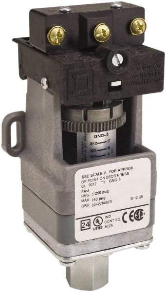 Square D - SPDT, 5 to 250 psi, Electromechanical Pressure and Level Switch - Adjustable Pressure, 120 VAC at 6 Amp, 125 VDC at 0.22 Amp, 240 VAC at 3 Amp, 250 VDC at 0.27 Amp, 1/4 Inch Connector, Screw Terminal, For Use with 9012G - Top Tool & Supply