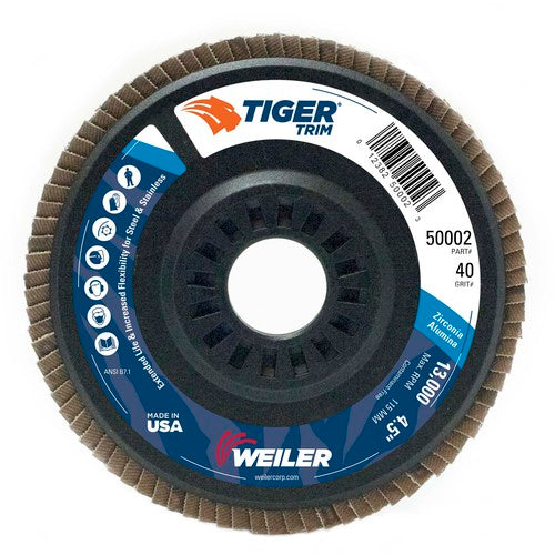 4-1/2″ Tiger Disc Abrasive Flap Disc, Angled, Trimmable Backing, 40Z, 7/8″ Arbor Hole - Top Tool & Supply