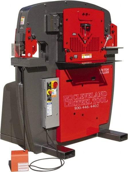 Cleveland Steel Tool - 11" Throat Depth, 100 Ton Punch Pressure, 3-1/2" Punch Capacity Ironworker - 10 hp, 3 Phase, 208/230 Volts, 45-1/2" Wide x 63-1/8" High x 56" Deep - Top Tool & Supply