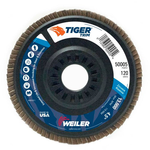 4-1/2″ Tiger Disc Abrasive Flap Disc, Angled, Trimmable Backing, 120Z, 7/8″ Arbor Hole - Top Tool & Supply