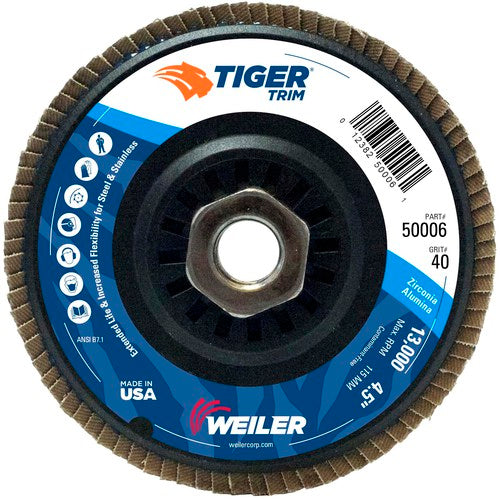 4-1/2″ Tiger Disc Abrasive Flap Disc, Angled, Trimmable Backing, 40Z, 5/8″-11 UNC Nut - Top Tool & Supply